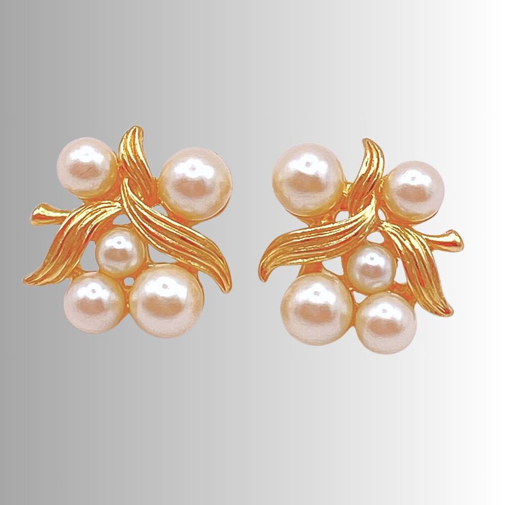 Vintage Richelieu Faux-Pearl & Goldtone Leaf Cluster Pierced Earrings Signed